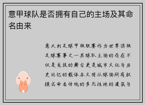 意甲球队是否拥有自己的主场及其命名由来